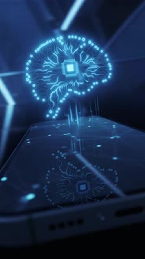 Hud de holograma de neón futurista en 3D y cerebro digital con pantalla de teléfono inteligente, inteligencia artificial