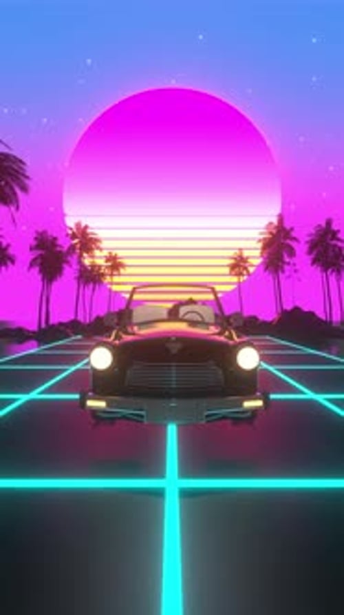 Vaporwave Classic Car Driving on Neon Grid Road
