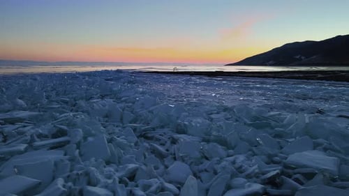 Texture and pattern formed by ice debris on the shore of a large lake or river