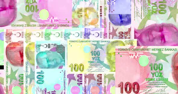 Turkish Lira 100 TRY banknotes abstract color mosaic pattern ...