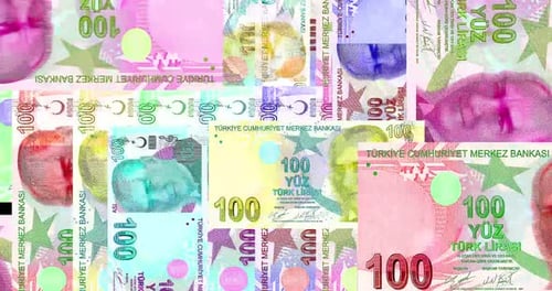 Turkish Lira 100 TRY banknotes abstract color mosaic pattern
