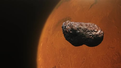 Rotating Asteroid Flyby Past a Red Planet in Space