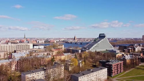 Aerial of Riga cityscape featuring the National Library of Latvia in Pārdaugava area