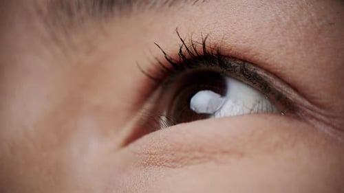 Closeup of the Eye of a Young Asian Woman That Firstly Looking Up with Confidence and Joy and Then