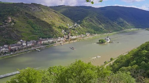 Aerial overhead view of the riverside town of Kaub with rolling hills and valleys, Rhine Valley