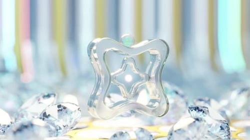 3D Rendering of Ball Rolling on Transparent Gear Near Diamonds