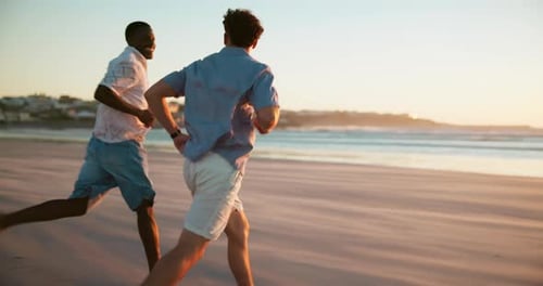 Running, beach and men with vacation, happy and travel with cardio, bonding together and excited