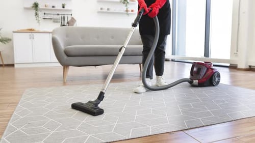 Cropped View of Hands of Woman Cleaning Service Worker Vacuuming Carpet
