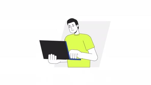 Chico alegre escribiendo animación de dibujos animados para portátil