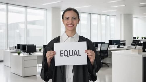 Happy Indian female lawyer holding EQUAL banner