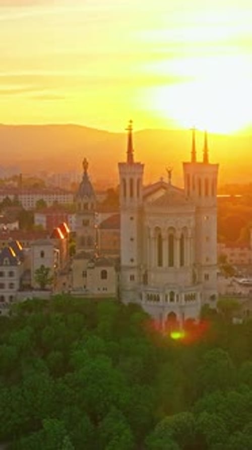Lyon Historical City Center with Streets Aerial Drone Vertical Video Footage Warm Summer Evening