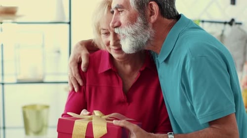 Senior Couple Celebrate Birthday with Gift in Home