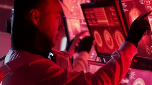 Team of Astronauts in a Space Suits Aboard the Mars Station A Crew of Cosmonauts Piloting the