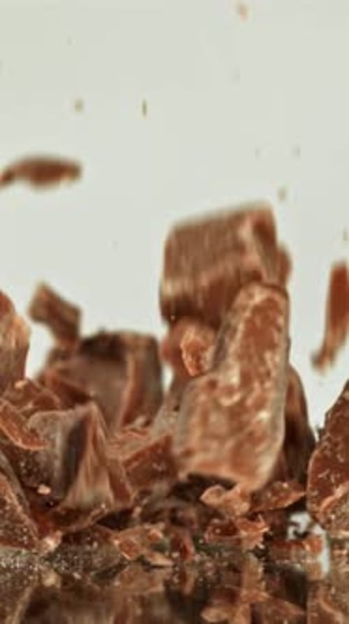 Super Slow Motion Pieces of Dark Milk Chocolate Filmed on a Highspeed Camera at 1000 Fps