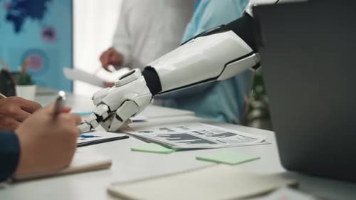 AI-enhanced workplace where professionals collaborate with artificial intelligen