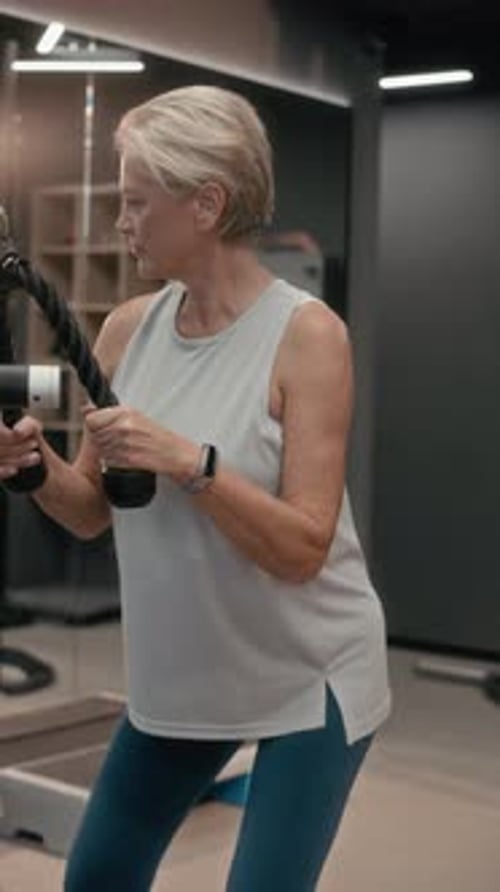 Sporty Mature Woman Working Out Using Gym Equipment