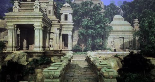 Ruines de temples historiques entourées d'une végétation luxuriante dans un paysage serein