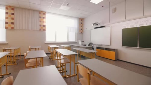 Classroom with Desks and Blackboards in Primary School