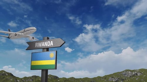 Rwanda Flag With Airplane And Arrow Sign