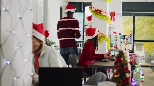 Staff Members Videocall in Xmas Office