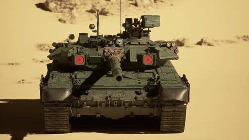 Militärpanzer fährt durch Sand