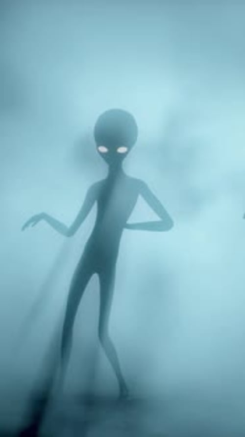 Scary Gray Aliens Dancing on a Dark Smoky Background