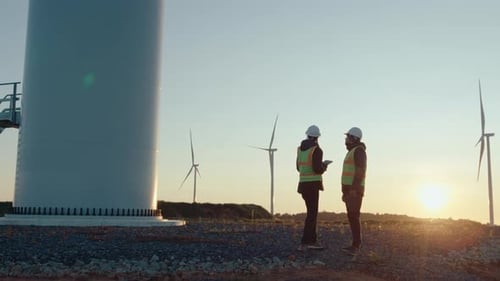 Renewable Energy Engineers Working in Morning at Wind Farm