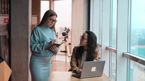 Women at work in the office. Brunette sits at desk talking and pointing at laptop.