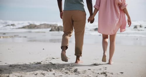 Beach, walking and couple holding hands on romantic date for love, support and travel