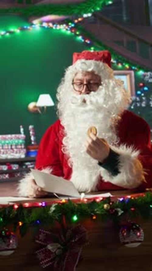 Vertical Video Saint Nicholas Serving Gingerbread Biscuits While He Reads Letters From Kids