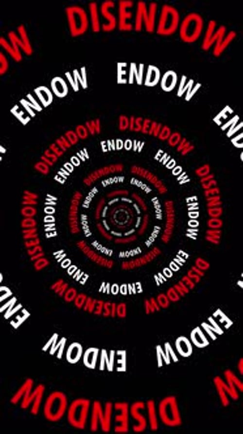 Vertical Infinite tunnel of Disendow and Endow words looping on a black background