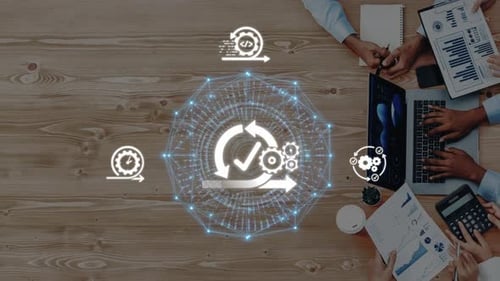 Konzept der digitalen Transformation mit Geschäftstreffen, Datenanalyse, Fortschrittsikonen und Technologie I