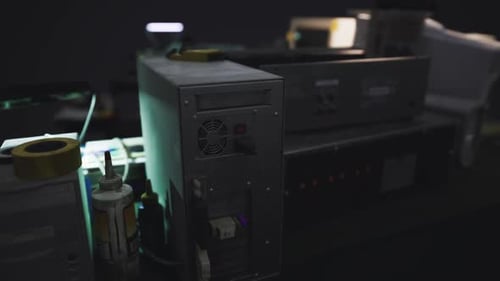 Detailed View of Vintage Computer Equipment in a Dimly Lit Room