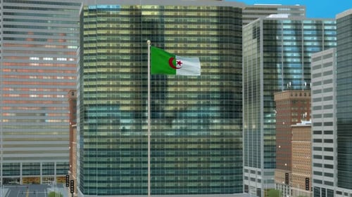 Algeria Flag 3D Render Animation on Pole with Modern Business District Buildings – Daytime View