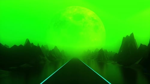 80s Road And Palms Fast On Neon Green Landscape