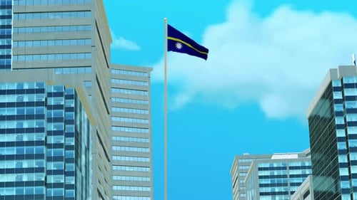 3D-Renderanimation der Flagge von Nauru mit Stadtarchitektur und klarem blauem Himmel