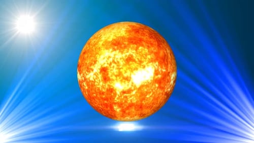 Rotierende Sonnenkugelgalaxie im Weltraum mit Sonnensystem, Videokonzept für Wissenschaft und Technologie. 1457