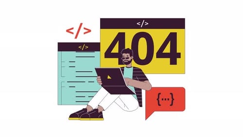 Flat Design Developer Working on Laptop with 404 Error