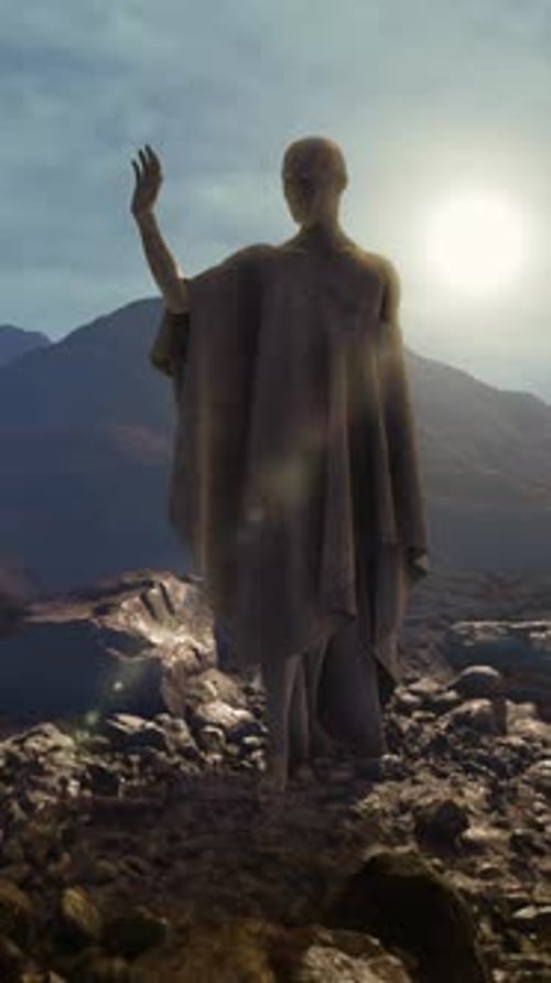 Une ancienne statue dans un paysage vertical de montagnes