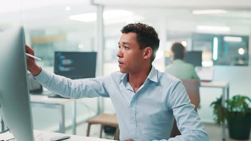 Businessman, software developer and writing with computer screen for programming