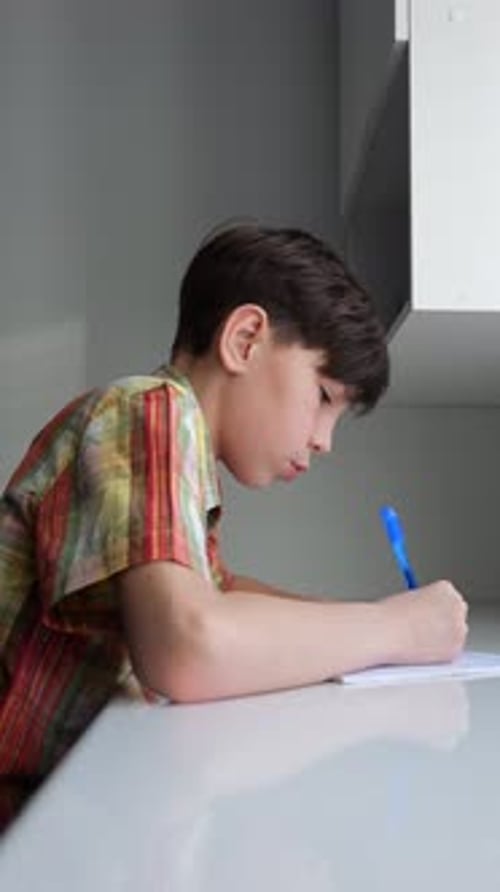 Boy Writing at a Desk Indoors