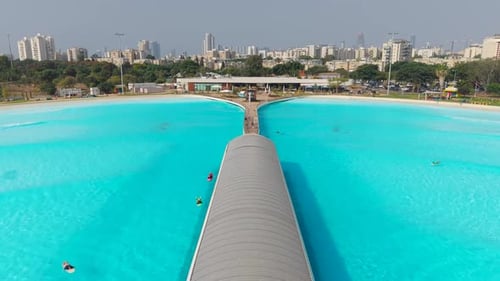 Aerial video from above the surf park in Tel Aviv, Israel