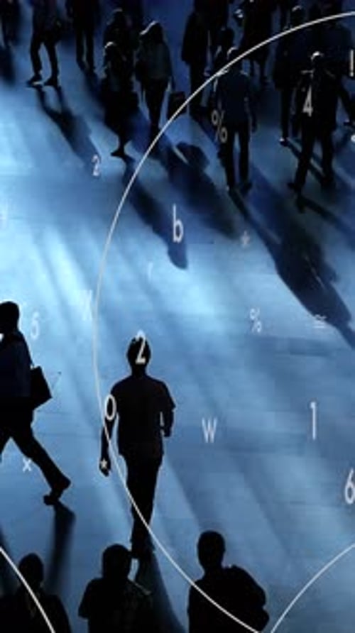 Shadowy Figures in an Urban Environment Accompanied By Abstract Numerical Patterns