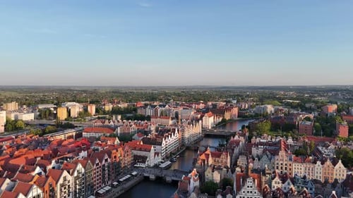 Aerial Drone Video Flying Over the Historic Tourist Center of Gdansk on a Summer Afternoon Poland