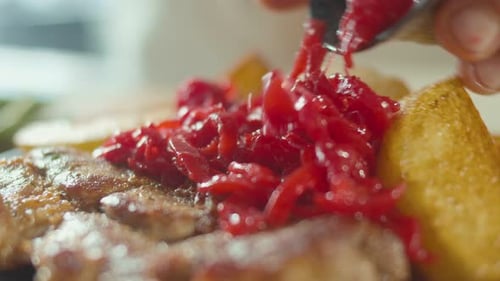 Close up of tasty meat and potatoes dish