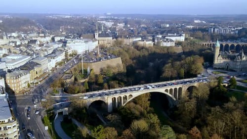 Timelapse Aerial drone shot over Luxembourg city center