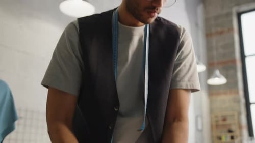 Male Dressmaker Using Scissors to Cut Fabric in Sewing Workshop