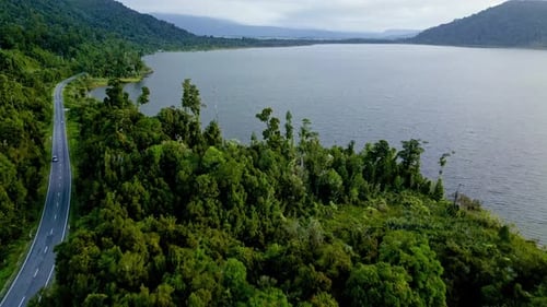 Aerial view of lake and road, New Zealand.