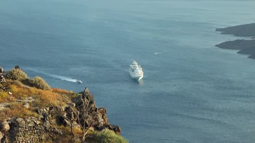 Cruise ship heading towards Santorini island, Greece