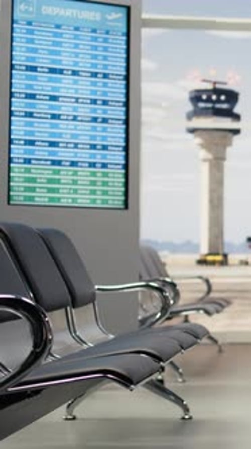 Vertical Video Empty Airport Departure Lounge with Digital Screen Displaying Flight Information